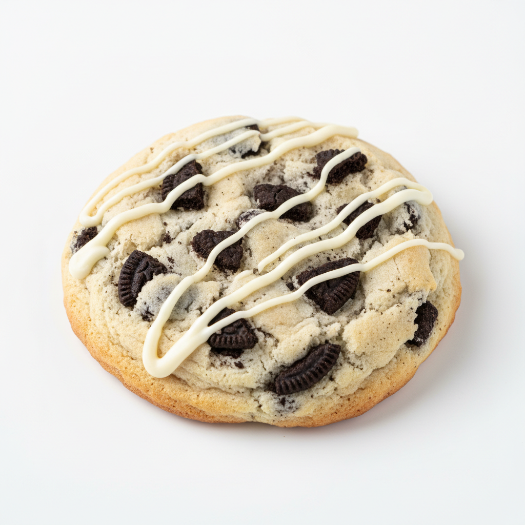 White cookies and cream cookie with white chocolate drizzle